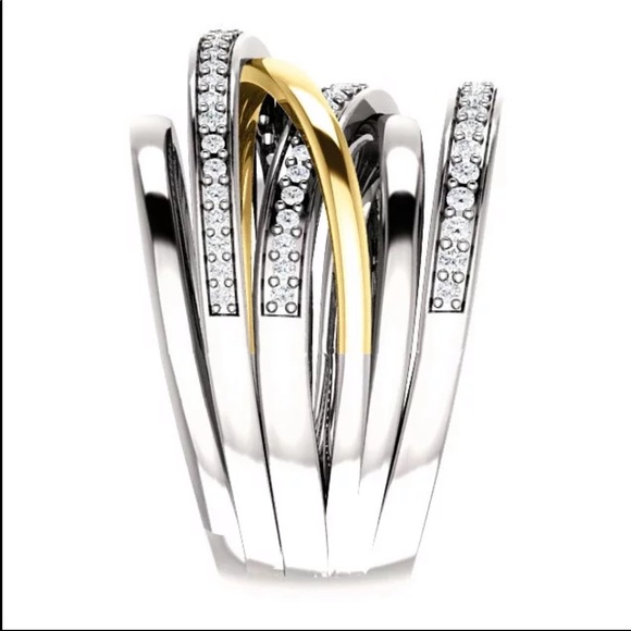 New Unisex 925 Silver 2Tone Diamond Beautiful Ring - Picture 2 of 6